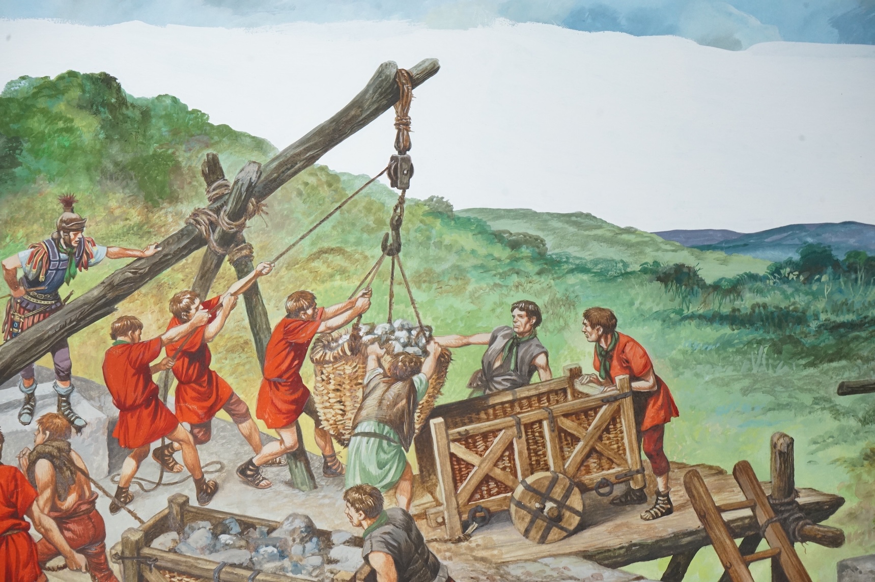 Peter Jackson (1922-2003), Illustrations from 'One day in Roman Britain' to include Portrait studies, Roman wall and Roman Baths, six watercolours, largest 34 x 71cm, unframed, together with two copies of the original bo